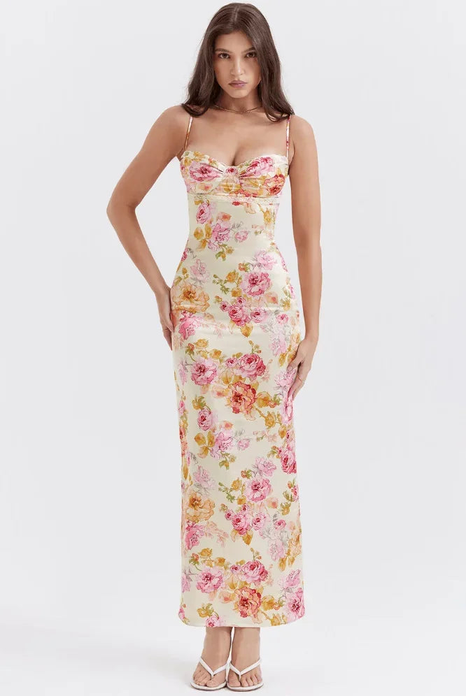 Abito Lungo Donna in Satin Motivi Floreali Smanicato - Vesarelli