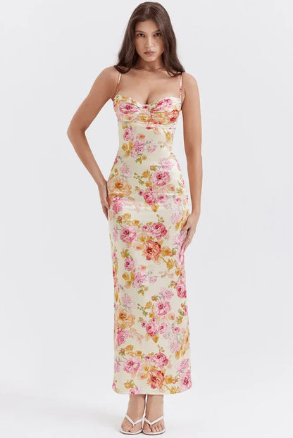 Abito Lungo Donna in Satin Motivi Floreali Smanicato - Vesarelli