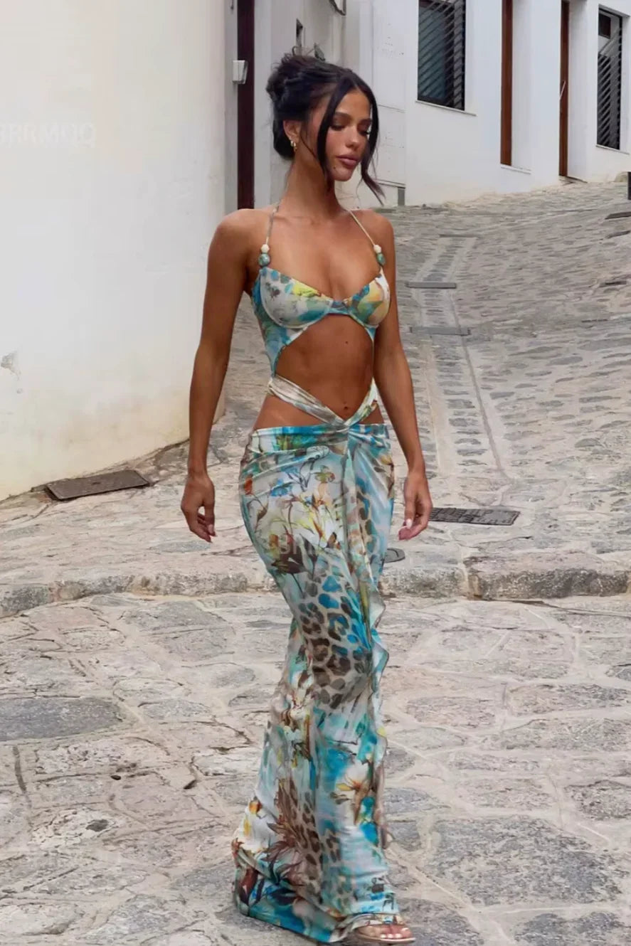 Abito Lungo Donna Stampa Animalier Estivo con Spacchi - Vesarelli