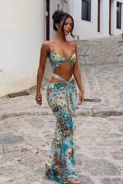 Abito Lungo Donna Stampa Animalier Estivo con Spacchi - Vesarelli
