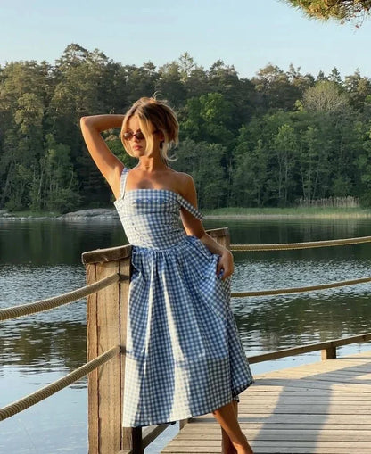 Abito Midi Donna Quadri Spalle Scoperte Estate - Vesarelli