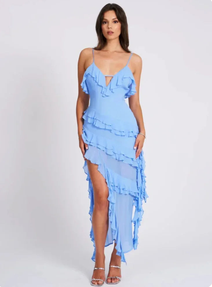 Abito Midi Donna con Volants Spacco e Schiena Scoperta - Vesarelli