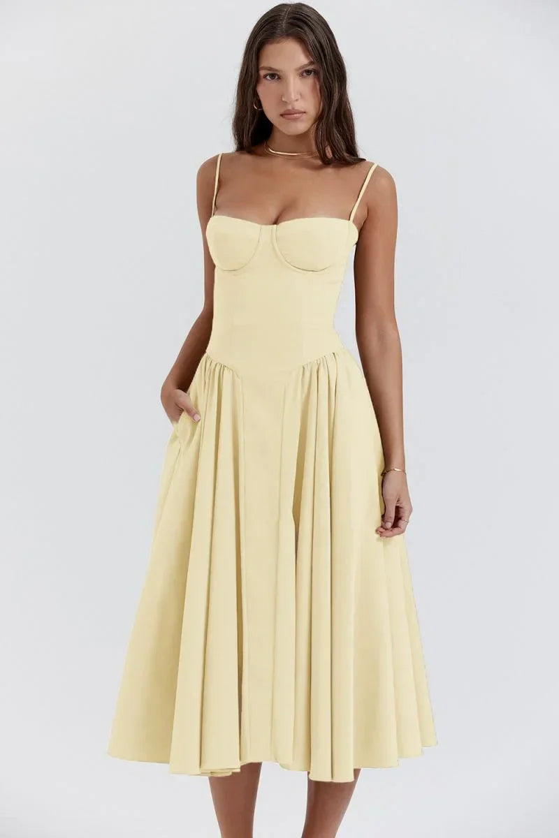 Abito Midi Donna Svasato con Spalline e Tasche - Vesarelli