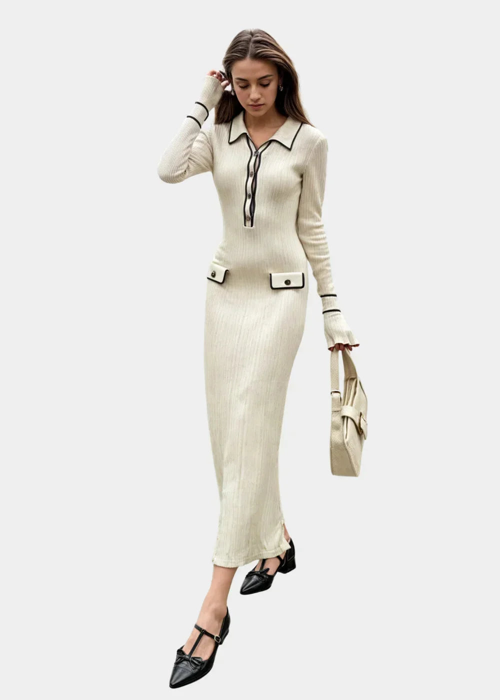Abito Midi Donna Costine Collo Contrasto Manica Lunga - Vesarelli