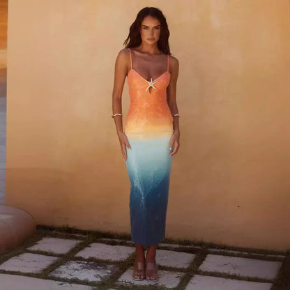 Abito Midi Donna in Tessuto Sfumato con Stampa Stelle Marine - Vesarelli
