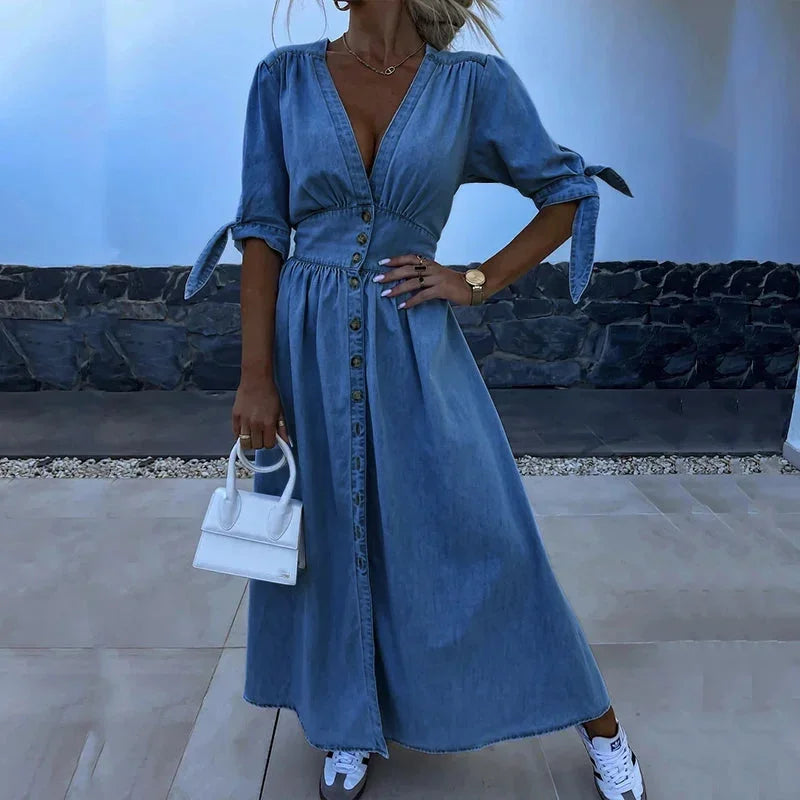 Abito Lungo Donna in Denim Scollo a V con Bottoni - Vesarelli