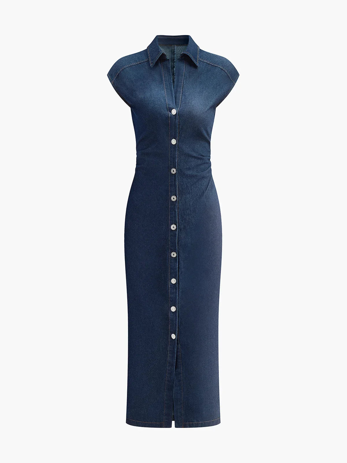 Robe midi en jean bleu foncé, sans manches, col V, avec des boutons sur le devant et une coupe décontractée.