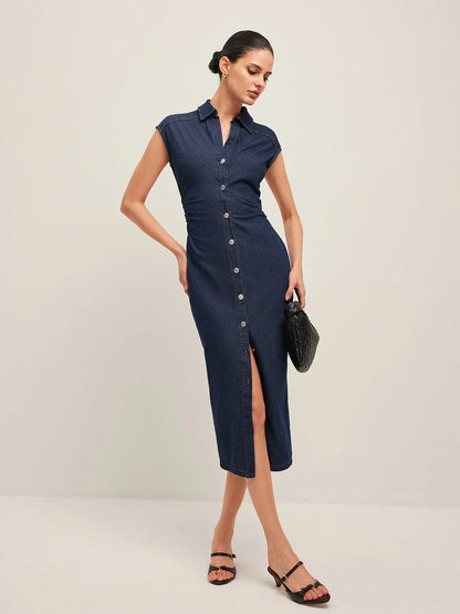 Abito Midi Donna in Jeans Scollo a V Senza Maniche Estivo - Vesarelli