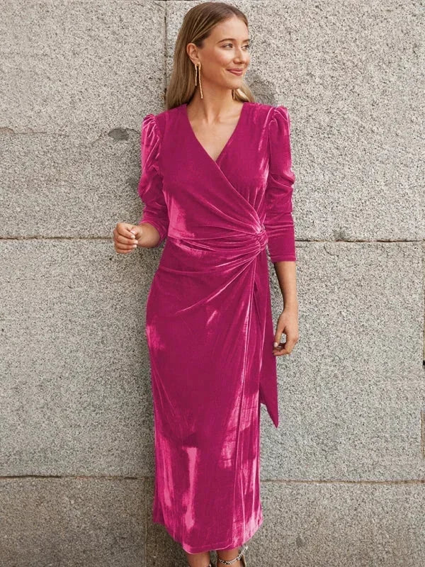 Robe midi femme cache-cœur en tissu léger avec manches bouffantes et détails noués à la taille, idéale pour les occasions…