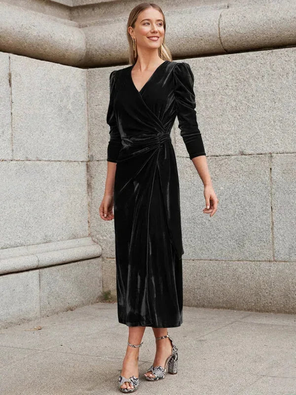 Robe midi femme cache-cœur en chiffon, manches bouffantes et nœuds décoratifs, parfaite pour une allure élégante.