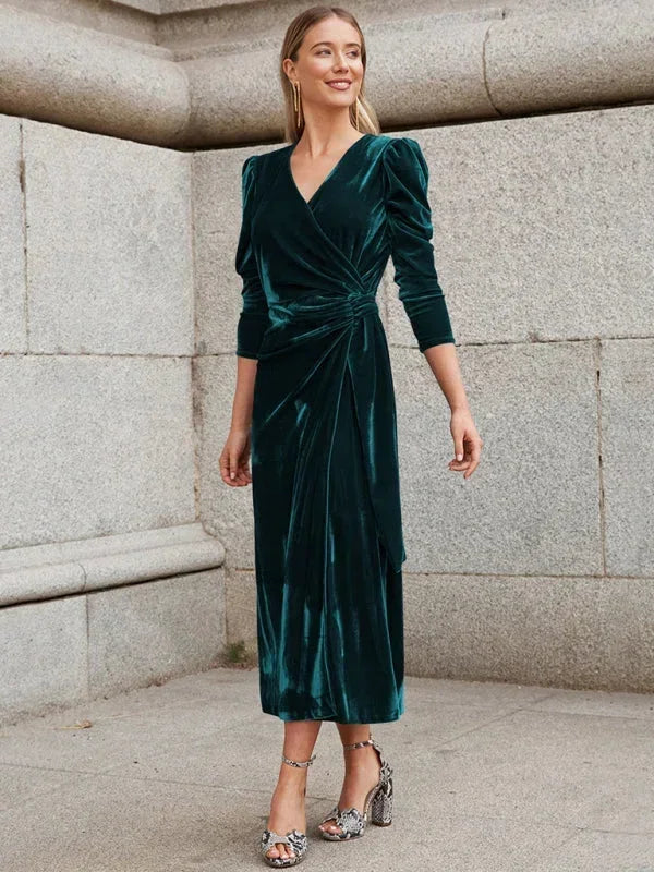 Robe midi femme en tissu léger, cache-cœur, manches bouffantes avec détails noués à la taille pour un style élégant.