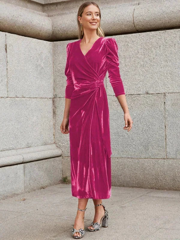 Robe midi femme en coton, cache-cœur, manches bouffantes, avec nouages élégants pour un style unique et décontracté.