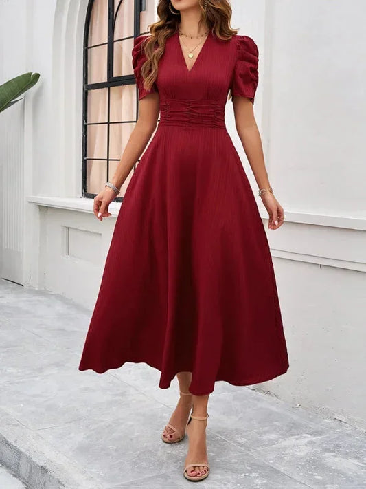 Abito Midi Donna Scollo a V Maniche Sbuffo - Vesarelli