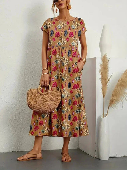 Abito Midi Donna Cotone Stampa Floreale Tasche - Vesarelli