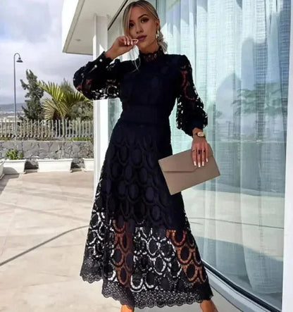 Abito Midi Donna in Pizzo Manica Lunga Elegante - Vesarelli