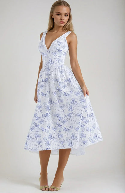 Robe midi femme fleurie à bretelles en coton léger, couleur bleu, avec un motif floral délicat et une coupe fluide.