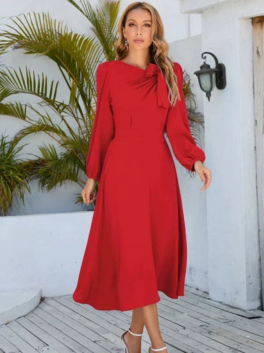 Abito Midi Donna Manica Lunga con Nodo Decorativo - Vesarelli