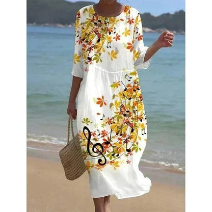 Robe midi femme en coton léger à motifs variés, avec manches mi-longues, parfaite pour la plage. Design aérien et…