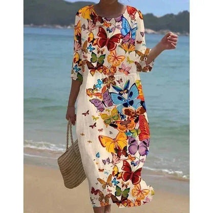 Robe midi femme avec motifs variés, manches mi-longues, tissu léger idéal pour la plage, coloris Papillons.