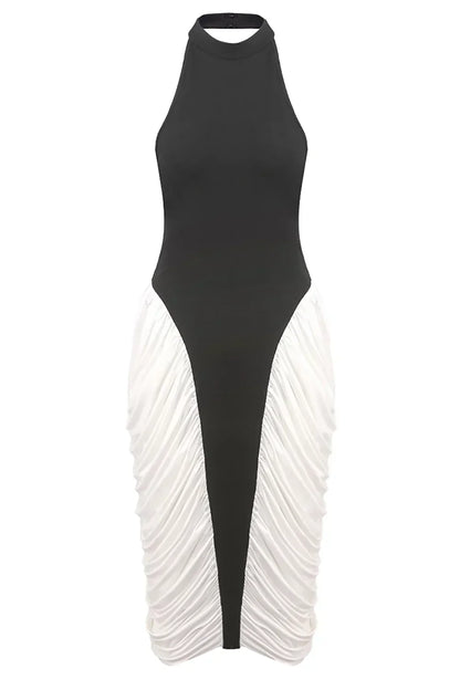 Robe midi femme noire et blanche plissée, en polyester léger avec motifs à rayures, parfaite pour un look décontracté.