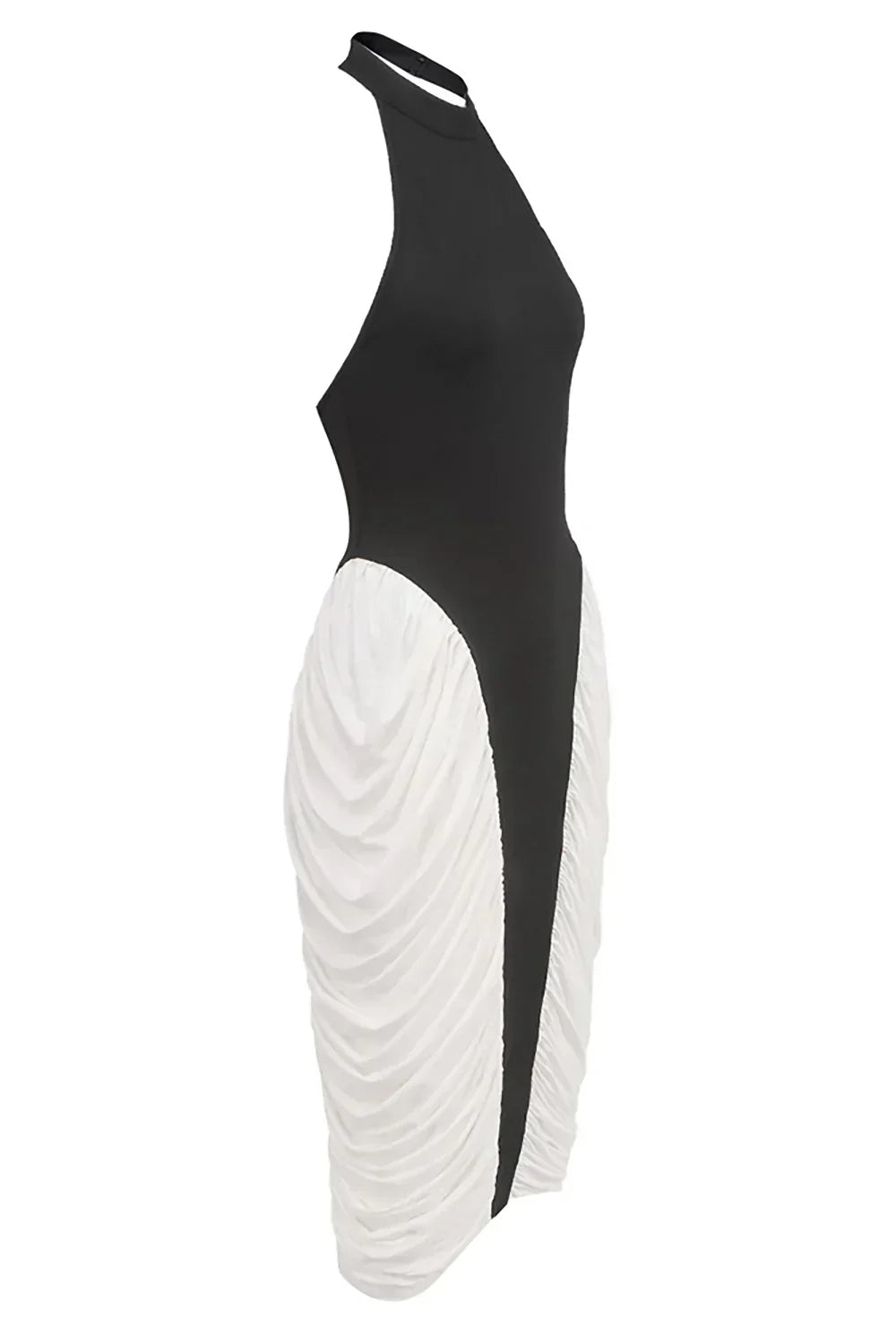 Robe midi femme noire et blanche plissée en polyester, avec un design élégant et des plis raffinés pour un look décontracté.
