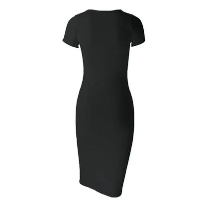 Robe midi noire à manches courtes, ajustée, en tissu doux et extensible, avec une coupe flatteuse et une finition soignée.