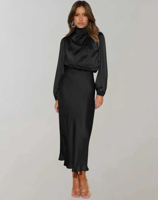 Abito Midi Donna in Satin Drappeggiato Manica Lunga - Vesarelli