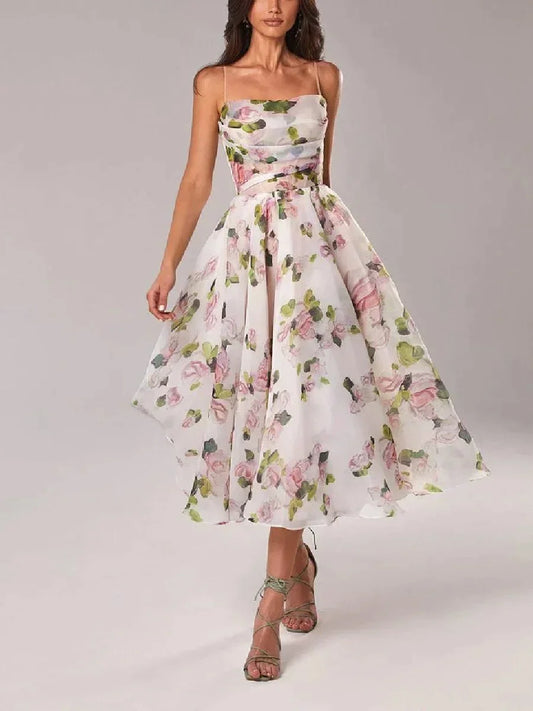 Abito Midi Donna Fluido Stampa Floreale Bretelle Sottili - Vesarelli