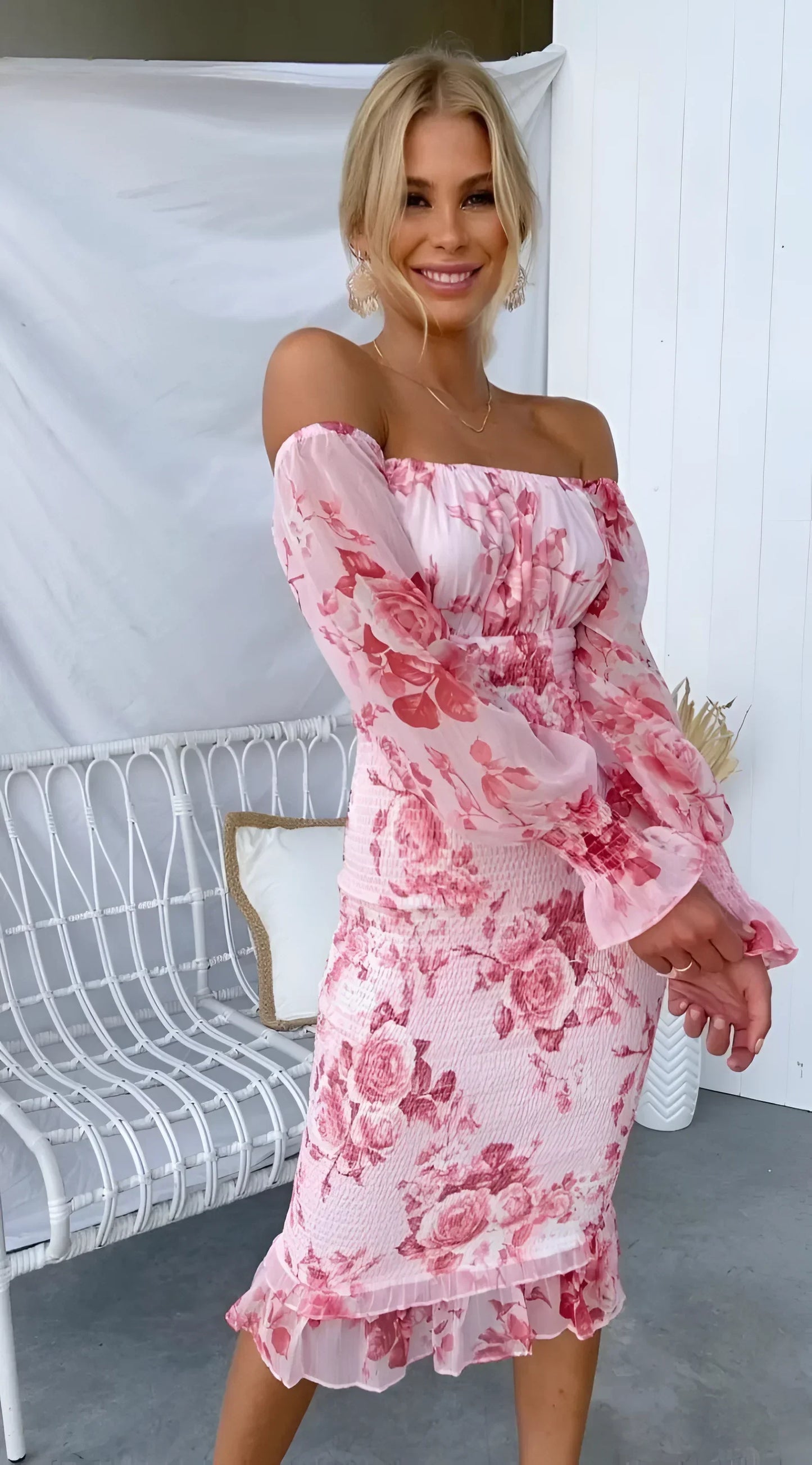 Abito Midi Donna Floreale Spalle Scoperte Manica Lunga - Vesarelli
