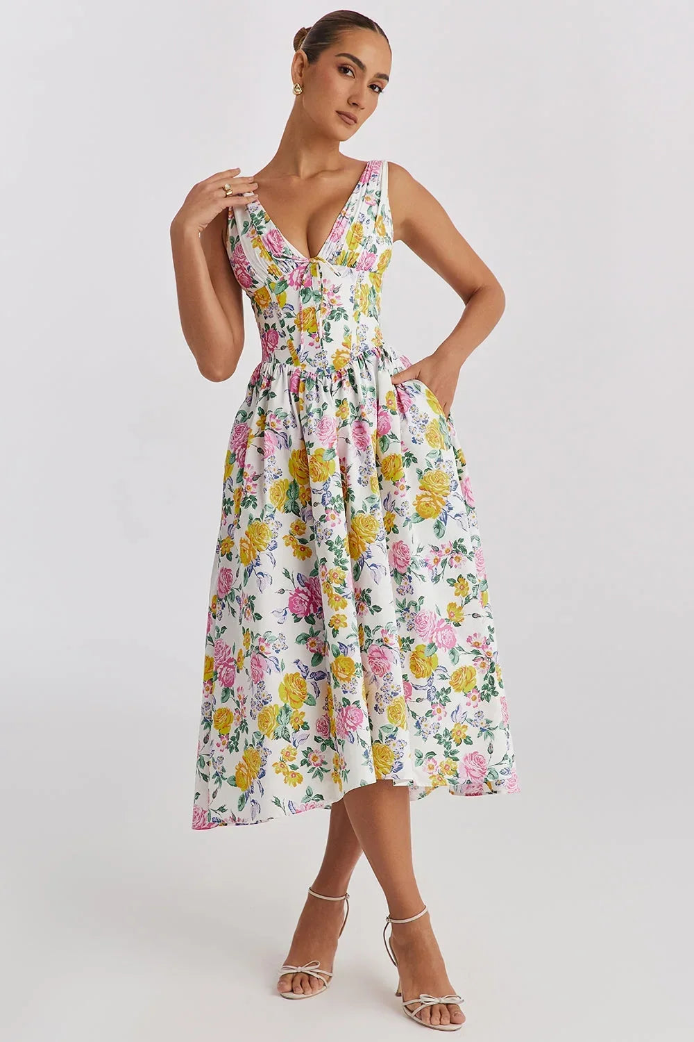 Abito Midi Donna Svasato Scollo a V Fantasia Floreale - Vesarelli