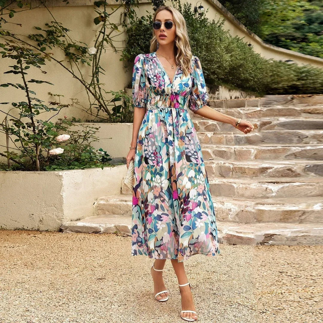Abito Midi Donna Stampa Floreale Scollo a V Manica Corta - Vesarelli