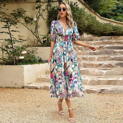 Abito Midi Donna Stampa Floreale Scollo a V Manica Corta - Vesarelli