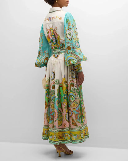 Robe midi en tissu léger à imprimé cachemire, manches bouffantes et ceinture ajustable, col chemise idéale pour le printemps.