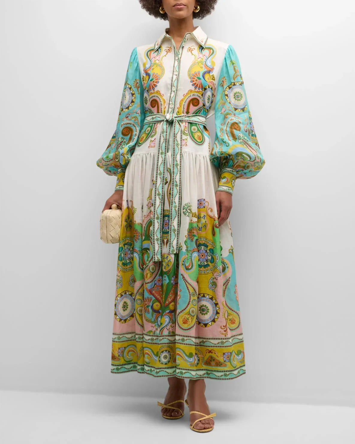 Abito Midi Donna Maniche Sbuffo Stampa Paisley Cinturato - Vesarelli