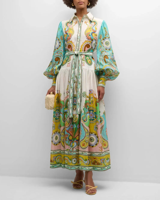 Abito Midi Donna Maniche Sbuffo Stampa Paisley Cinturato - Vesarelli