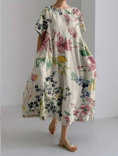 Abito Midi Donna in Tessuto Fantasia Floreale Manica Corta - Vesarelli