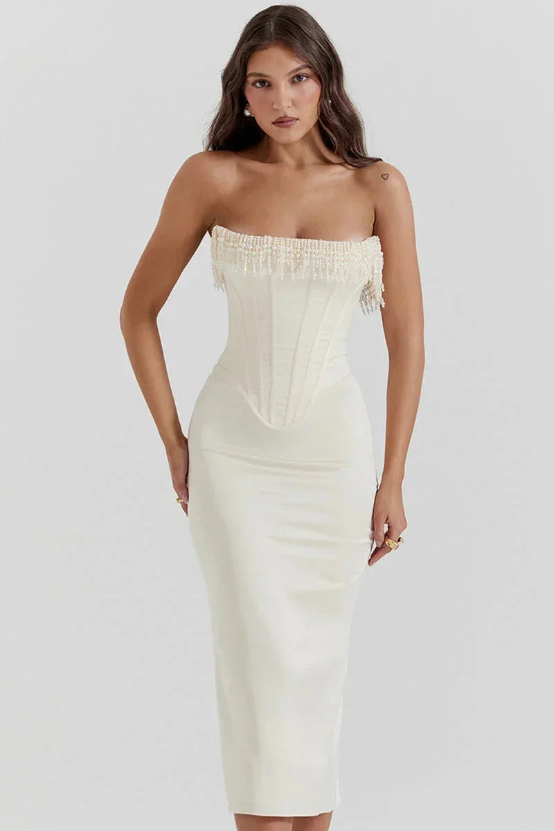 Abito Midi Donna Bustier con Perline Elegante - Vesarelli