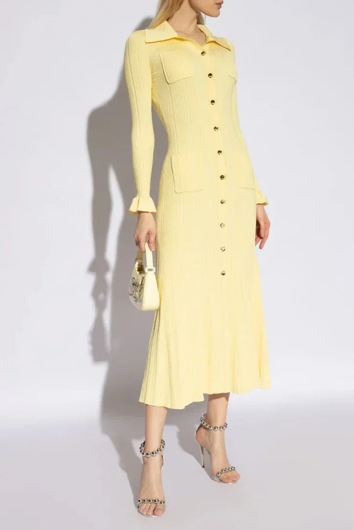Robe midi élégante en tissu léger, manches longues, boutons sur le devant et coupe flatteuse pour une silhouette délicate.