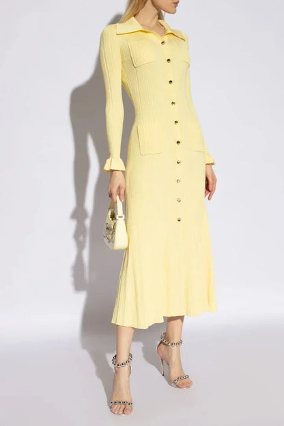 Robe midi élégante en tissu léger, manches longues, boutons sur le devant et coupe flatteuse pour une silhouette délicate.