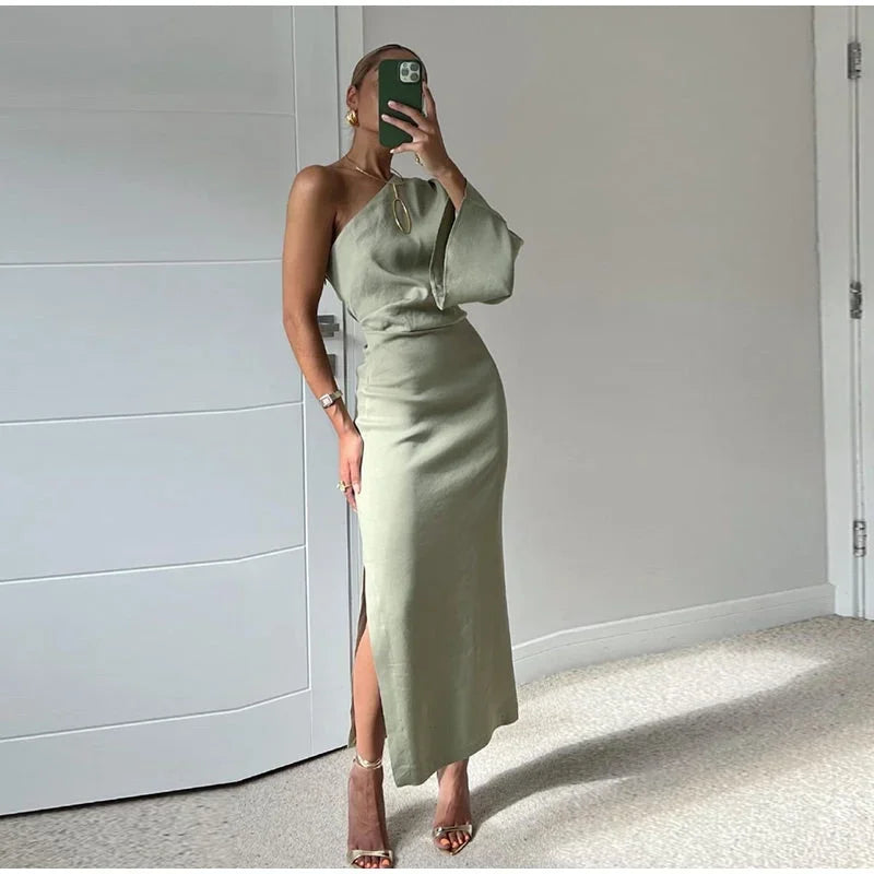 Abito Midi Donna Monospalla con Spacco Elegante - Vesarelli