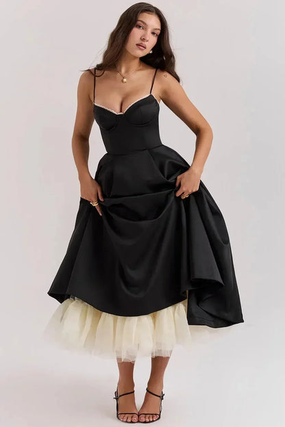 Abito Midi Donna in Satin Bretelle Sottili Tulle - Vesarelli