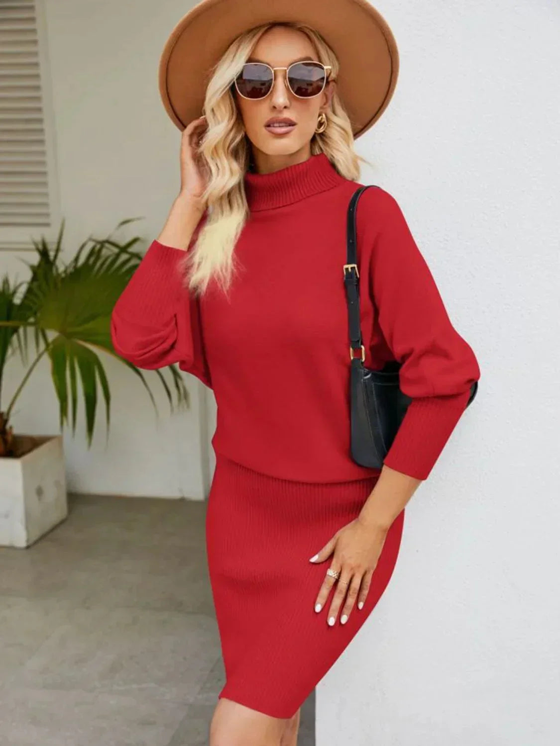 Robe midi en tricot côtelé, col roulé, manches longues, idéale pour les saisons automne et hiver, en tissu doux et…