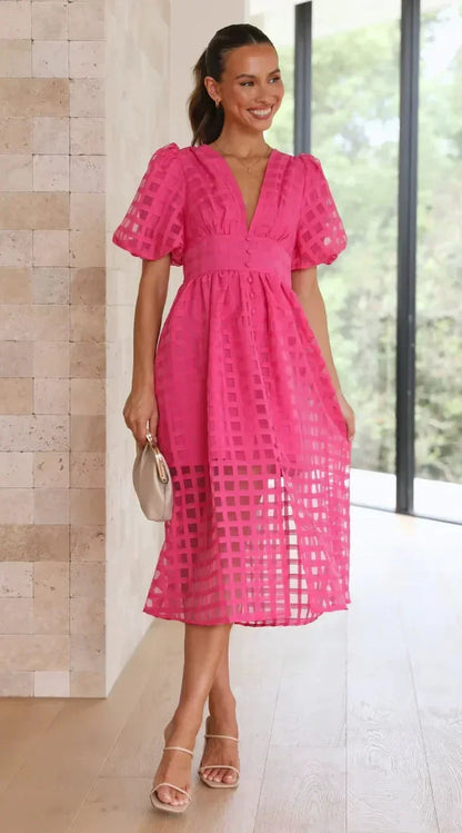 Abito Midi Donna Ajouré Manica Corta Scollo a V - Vesarelli