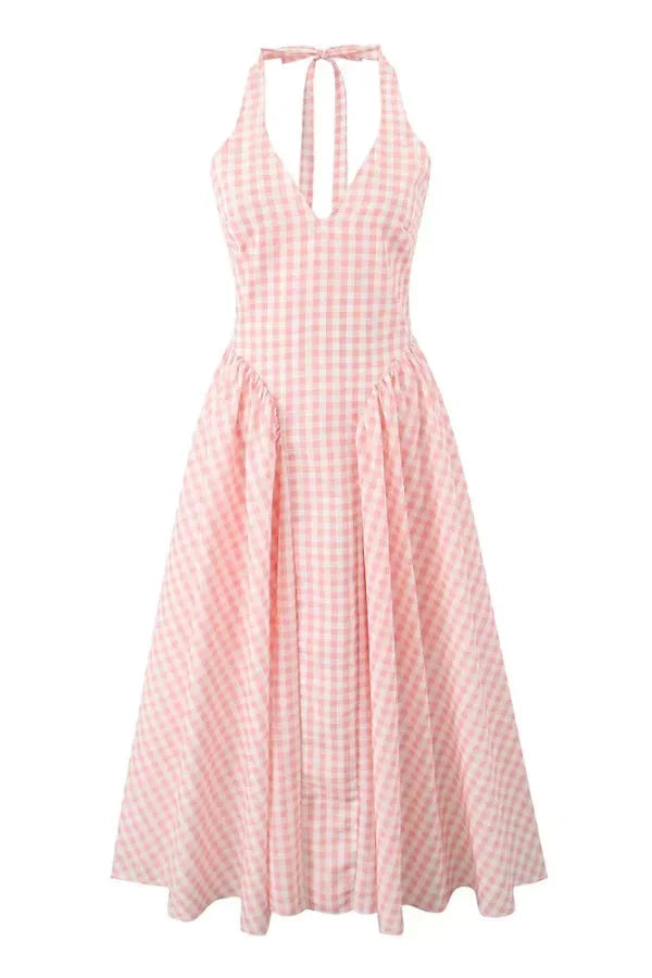 Robe midi vichy rose avec poches, coupe ample, col en V, idéale pour un été décontracté en tissu léger et respirant.