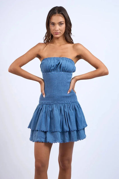 Abito Corto Donna Bustier Smockato Volant Svasato - Vesarelli