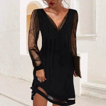 Abito Corto Donna Scollo a V Maniche Trasparenti Elegante - Vesarelli