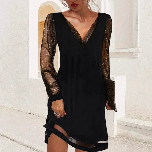Abito Corto Donna Scollo a V Maniche Trasparenti Elegante - Vesarelli