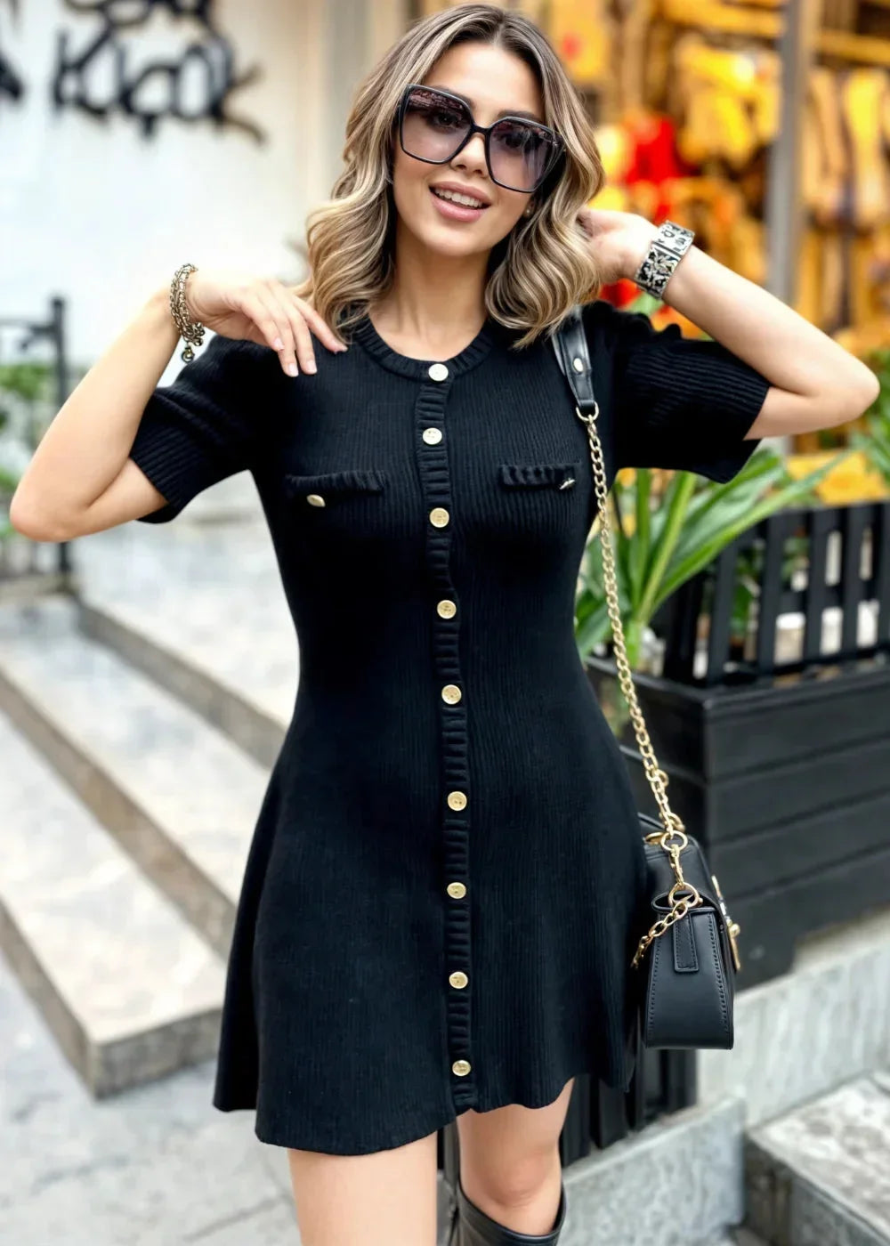 Abito Corto Donna in Maglia Costina con Bottoni - Vesarelli