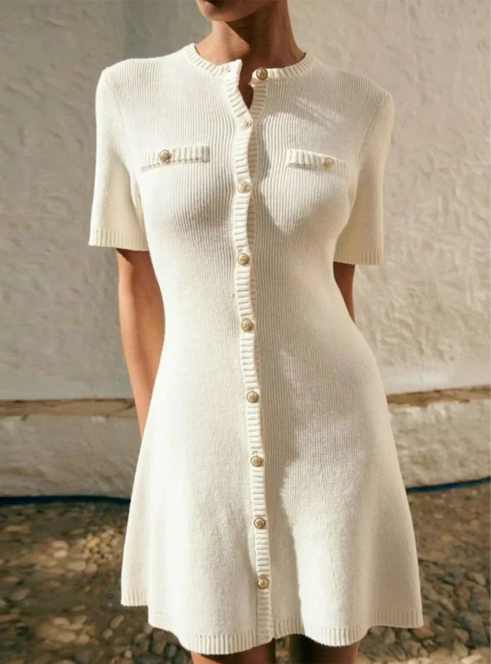 Robe courte côtelée en coton, manches courtes et boutonnée, idéale pour les journées d'été, disponible en plusieurs couleurs.