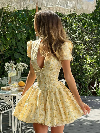Abito Corto Donna Fantasia Floreale Schiena Annodata Estate - Vesarelli